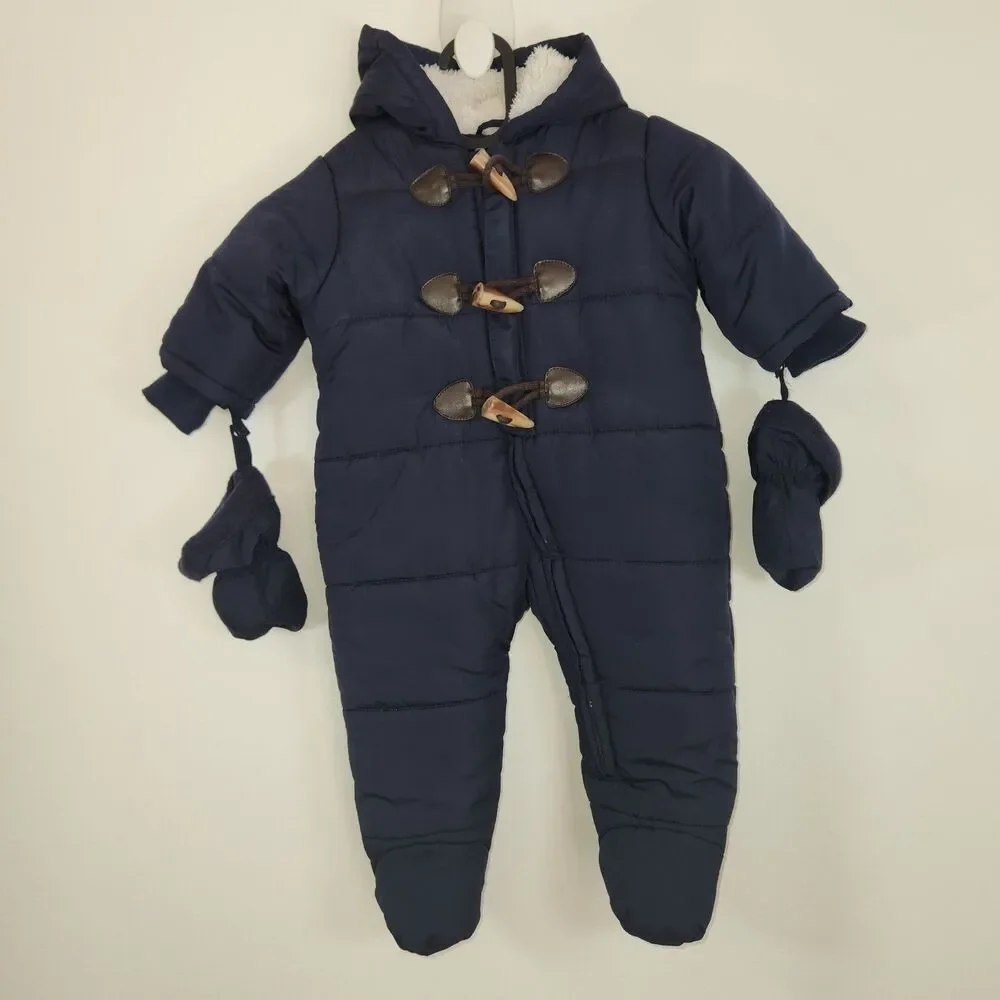 Children's Place Navy Blue Snowsuit 3-6 Months Hooded Zip Up Boys Mittens